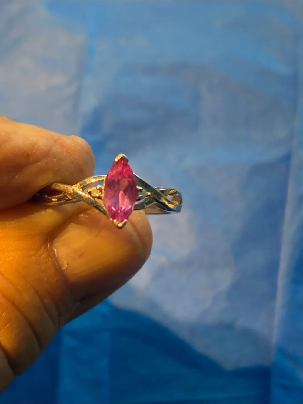 Delicate 10K White Gold Marquise Pink  Topaz (?) Ring with Small Diamonds Size 7